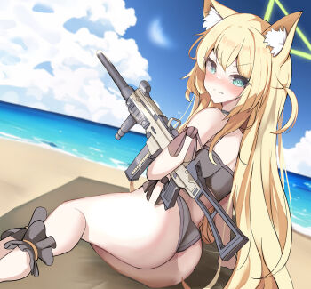 1girl absurdres alternate_costume animal_ear_fluff animal_ears aqua_eyes aqua_pupils ass back beach bikini black_bikini blonde_hair blue_archive blue_sky blush closed_mouth cloud commentary cumulonimbus_cloud day dutch_angle feet_out_of_frame fox_ears fox_girl from_behind green_halo gun hair_between_eyes halo hetima0112 highres holding holding_gun holding_weapon kurumi_(blue_archive) long_hair nose_blush ocean outdoors sidelocks sitting sky solo split_mouth swimsuit tactical_clothes triangle_halo two_side_up v-shaped_eyebrows very_long_hair weapon yokozuwari