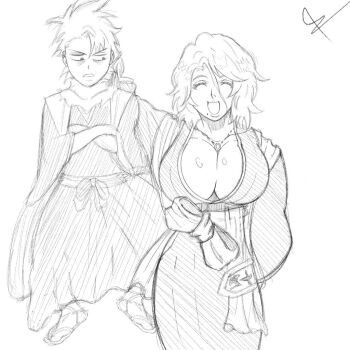 1boy 1girl bkaart27 bleach bleach:_sennen_kessen-hen breasts cleavage closed_eyes hitsugaya_toushirou large_breasts matsumoto_rangiku mole mole_under_mouth open_mouth shihakusho smile