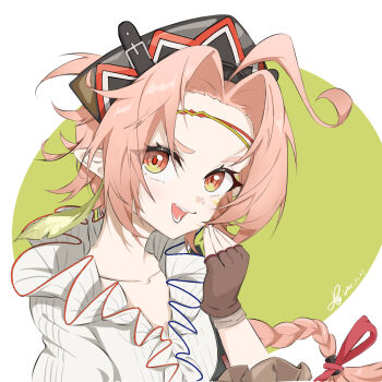 Rule 34 | 1girl, :d, absurdres, ahoge, arknights, black hat, braid, brown gloves, chinese commentary, commentary request, fang, fingerless gloves, gloves, hat, highres, long hair, looking at viewer, open mouth, pink hair, pointy ears, rose salt (arknights), shirt, signature, simple background, smile, solo, upper body, white shirt, xiaobai (user wyte8375)