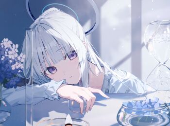 arm_on_table blue_archive blue_halo fire flower frilled_pajamas frills glass_container halo hand_on_table head_on_arm highres holding hourglass indoors kyaroru light_particles long_hair long_sleeves looking_to_the_side mechanical_halo noa_(blue_archive) noa_(pajamas)_(blue_archive) orb pajamas purple_eyes purple_flower shadow white_hair white_halo white_pajamas window_shadow
