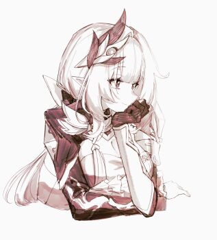 Rule 34 | 1girl, arm under breasts, breasts, cleavage, corset, cropped torso, elf, elysia (honkai impact), elysia (miss pink elf) (honkai impact), gloves, greyscale, hair ornament, highres, honkai (series), honkai impact 3rd, large breasts, long hair, looking to the side, mi (27782900), monochrome, pointy ears, shrug (clothing), simple background, smile, solo, very long hair