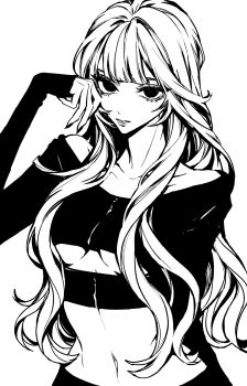 1girl bare_shoulders breasts closed_mouth double-parted_bangs fingernails greyscale hand_up highres long_hair long_sleeves looking_at_viewer monochrome navel original shirt simple_background sleeves_past_wrists small_breasts solo stomach teeniika upper_body wavy_hair white_background