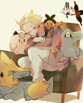 1boy ahoge antennae blonde_hair blush chair character_doll closed_eyes closed_mouth collarbone doll fang fang_out floating floette floette_(eternal) flower gen_2_pokemon gen_3_pokemon gen_5_pokemon gen_6_pokemon gradient_hair highres jacket long_sleeves male_focus manectric multicolored_hair nintendo object_riding on_shoulder pam0y0 pants pink_hair pokemon pokemon_(creature) pokemon_legends:_z-a pokemon_on_shoulder short_hair simple_background sitting sleeping tepig totodile urbain_(pokemon) white_background white_pants