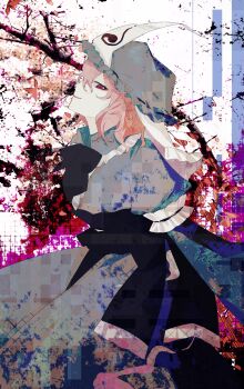 1girl absurdres black_bow black_bowtie blue_hat blue_kimono bow bowtie branch bug butterfly cherry_blossoms commentary evil_smile facing_up falling_petals frilled_hat frills hat highres insect japanese_clothes kimono long_sleeves looking_at_viewer mob_cap oiviie petals pink_hair pixels profile red_butterfly red_eyes saigyouji_yuyuko short_hair sideways_glance smile solo touhou triangular_headpiece