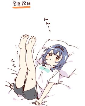 1girl barefoot black_hairband black_shorts blue_hair blush_stickers braid brown_eyes closed_mouth feet full_body furutani_himawari hairband hashtag-only_commentary highres legs_up lying namori on_back on_bed pillow shirt short_hair short_sleeves shorts simple_background solo sweat translation_request trembling twin_braids v-shaped_eyebrows white_background white_shirt yuruyuri
