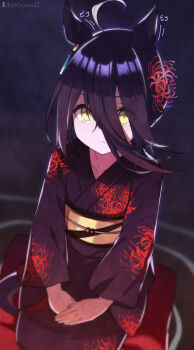 Rule 34 | 1girl, ahoge, black hair, black kimono, commentary request, cushion, dark hound 3, expressionless, floral print, flower, hair between eyes, hair flower, hair ornament, hands on lap, highres, japanese clothes, kimono, looking at viewer, manhattan cafe (umamusume), obi, sash, seiza, sitting, solo, spider lily print, translation request, umamusume, yellow eyes, yellow sash, zabuton