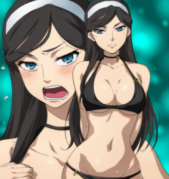 10s 1girl annoyed arms_behind_back bikini black_hair blue_eyes blush breasts choker cleavage curvy groin hairband hairu hip_focus kumashiro_maya large_breasts long_hair multiple_views navel open_mouth raised_eyebrow seikimatsu_occult_gakuin narrow_waist swimsuit underboob wide_hips zoom_layer