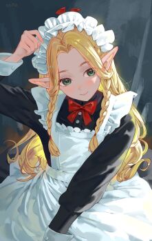 1girl absurdres alternate_costume apron artist_name black_dress blonde_hair braid chinese_commentary closed_mouth commentary_request dress dungeon_meshi elf elfe_art enmaided green_eyes highres long_hair maid maid_headdress marcille_donato pointy_ears solo twin_braids white_apron