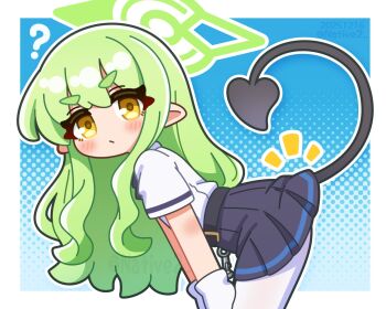 1girl bad_tag bent_over black_tail blue_archive blush commentary demon_tail gloves green_hair green_halo hair_down halo highres hikari_(blue_archive) long_hair looking_at_viewer pantyhose pointy_ears skirt solo tail white_gloves white_pantyhose yellow_eyes