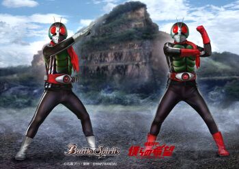 Rule 34 | 2boys, ankle boots, antennae, aqua helmet, armor, battle spirits, black bodysuit, blue sky, bodysuit, boots, bug, cloud, cloudy sky, commentary request, copyright logo, copyright name, copyright notice, gloves, grasshopper, green armor, helmet, highres, insect, kamen rider, kamen rider (1st series), kamen rider 1, logo, masukudo (hamamoto hikaru), multiple boys, official art, outdoors, red boots, red eyes, red gloves, red scarf, rider belt, scarf, sky, tokusatsu, typhoon (kamen rider), white boots, white gloves