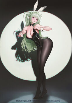 1girl absurdres animal_ears antenna_hair black_bow black_bowtie black_leotard black_pantyhose blush bow bow-shaped_hair bowtie breasts cleavage commentary covered_navel detached_collar embarrassed english_commentary fake_animal_ears fake_tail full_body goddess_of_victory:_nikke green_hair heart_antenna_hair highleg highleg_leotard highres inging823 korean_commentary large_breasts latex latex_leotard leaning_forward leotard leotard_tug lips long_hair looking_to_the_side mixed-language_commentary no_shoes official_alternate_costume open_mouth pantyhose playboy_bunny purple_eyes rabbit_ears rabbit_tail shadow soda_(nikke) soda_(twinkling_bunny)_(nikke) solo spotlight standing strapless strapless_leotard tail tiptoes traditional_bowtie two_side_up undersized_breast_cup watermark white_wrist_cuffs wrist_cuffs