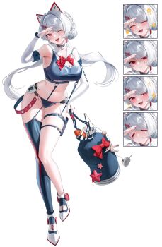 +_+ 1girl :d ;d ^_^ absurdres anger_vein animal_ears arm_up armpits bag bare_shoulders bikini blue_bikini blue_choker blue_thighhighs blush bow braid breasts cat_ears choker cleavage closed_eyes closed_mouth collarbone commentary detached_sleeves double_bun earrings fake_animal_ears fish_skeleton_hair_ornament full_body grey_hair groin hair_between_eyes hair_bun highres holding holding_bag jewelry large_breasts looking_at_viewer meraring mole mole_on_thigh multiple_expressions navel one_eye_closed open_mouth original pouch pout red_bow red_eyes red_nails sailor_collar salute shoes sidelocks simple_background single_earring single_thighhigh skindentation smile solo sparkle standing stomach suspenders swimsuit teeth thigh_pouch thigh_strap thighhighs upper_teeth_only white_background white_sailor_collar white_shoes white_sleeves