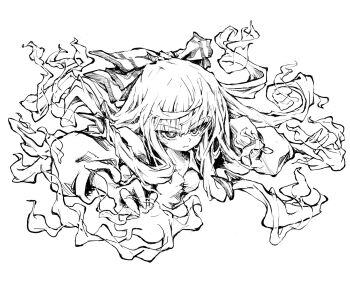 1girl bow breasts commentary_request fire fujiwara_no_mokou greyscale hair_bow highres long_hair long_sleeves monochrome pyrokinesis shirt simple_background solo touhou upper_body yamasina009