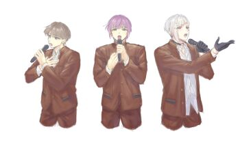3boys absurdres adapted_uniform black_choker black_gloves brown_hair brown_jacket brown_pants choker collared_shirt dress_shirt fujishima_megumi gakuran genderswap genderswap_(ftm) gloves green_eyes half_gloves hand_on_own_chest hasu_no_daisankaku hasu_no_sora_school_uniform highres holding holding_microphone jacket link!_like!_love_live! love_live! male_focus microphone multicolored_hair multiple_boys music o-ring o-ring_choker open_collar open_mouth otomune_kozue pants purple_eyes purple_hair red_hair school_uniform shirt simple_background singing streaked_hair virtual_youtuber white_background white_hair white_shirt yugiri_tsuzuri zenma_trang