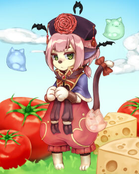 1girl animal_ears atelier-ainel barefoot bat_(animal) black_hat blue_capelet bow capelet cat_ears cat_girl cat_tail cheese closed_mouth commentary_request expressionless flower food full_body furry furry_female ghost grass green_eyes hat hat_flower highres looking_at_viewer pants pink_hair pink_pants ragnarok_online red_bow red_flower red_rose rose short_hair solo standing summoner_(ragnarok_online) swiss_cheese tail tail_bow tail_ornament tassel tomato