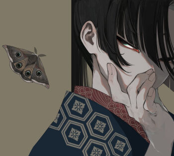 1boy absurdres black_hair black_headband bug commentary emperor_moth hair_over_one_eye hand_up headband highres insect japanese_clothes kimono looking_at_viewer male_focus moth original shimizu_en_(shimizuen3310) solo upper_body