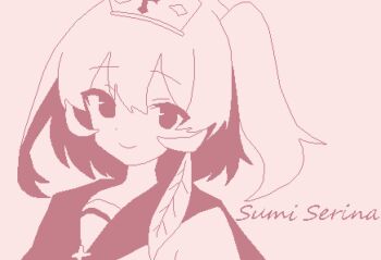 1girl blue_archive character_name closed_mouth double-parted_bangs hashtag-only_commentary hat highres looking_at_viewer monochrome nurse_cap one_side_up pink_background pink_theme pixel_art portrait serina_(blue_archive) shirt short_hair simple_background slmnk10124 smile solo