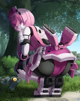 1girl ass bent_over blush colored_skin grass highres humanoid_robot panties phantasy_star phantasy_star_online pink_eyes pink_hair pink_panties pink_skirt robot robot_girl short_hair skirt suzuta_comiya tree underwear white_skin