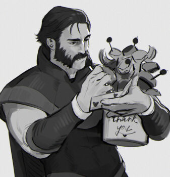 1boy beard cape commentary dispatch english_commentary english_text facial_hair food greyscale highres limach-an male_focus monochrome mustache phenomaman short_hair sideburns simple_background sleeveless solo writing