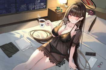 1girl alternate_costume black_bra black_chemise black_hair black_nightgown black_panties blue_archive blunt_bangs blush bra breasts chemise cleavage coffee coffee_mug cup dress hair_behind_ear hair_ornament hairclip holding holding_cup large_breasts looking_at_viewer melt_(melt_out1) mug nail_polish nightgown on_bed panties red_eyes rio_(blue_archive) see-through_clothes see-through_dress short_sleeves sidelocks sitting solo sweatdrop underwear