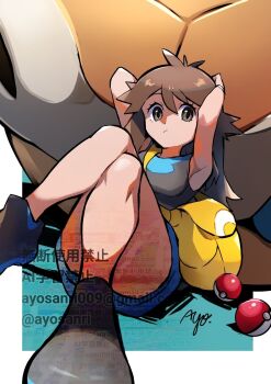 1girl arms_behind_head ayo_(ayosanri009) bag blastoise blue_shorts brown_eyes brown_hair closed_mouth commentary_request crossed_legs eyelashes gen_1_pokemon green_(pokemon) hair_flaps highres knees long_hair looking_at_viewer nintendo outstretched_legs poke_ball poke_ball_(basic) pokemon pokemon_(creature) pokemon_lgpe shirt shoes shorts shoulder_bag signature sitting sleeveless sleeveless_shirt twitter_username watermark yellow_bag