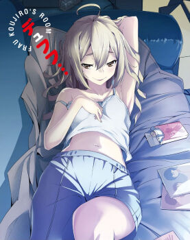 1girl ahoge arm_behind_head arm_up armpits blonde_hair blue_shorts blush breasts brown_eyes collarbone couch fukuda_tomonori hair_down half-closed_eyes indoors koujiro_frau lace-trimmed_collar lace-trimmed_tank_top lace_trim looking_at_viewer loungewear lying midriff narrowed_eyes navel official_art on_back robotics;notes science_adventure seductive_gaze seductive_smile shorts small_breasts smile smug solo stomach strap_pull