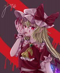 Rule 34 | 1girl, ascot, blonde hair, blood, blood on clothes, blood on face, blood on hands, bow, commentary, crystal, fang, flandre day, flandre scarlet, green brooch, hat, hat bow, highres, licking, licking hand, looking at viewer, mito (fate), mob cap, multicolored wings, open mouth, pointy ears, red bow, red eyes, red vest, short sleeves, side ponytail, signature, sleeve bow, slit pupils, tongue, tongue out, touhou, vampire, vest, white bow, white hat, wings, yellow ascot