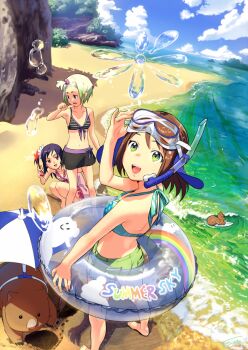 3girls animal_ears barefoot beach bikini brown_hair cloud cojibou day green_eyes green_hair happy innertube long_hair looking_up multiple_girls ocean original outdoors perspective purple_eyes purple_hair red_eyes short_hair shorts side_ponytail skirt sky smile summer swim_ring swimsuit umbrella water water_drop wombat