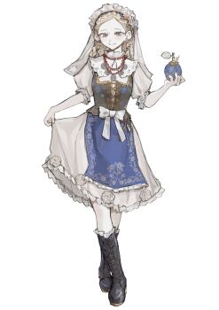 1girl apron bead_necklace beads black_boots black_corset blonde_hair blue_apron blue_eyes boots bow braid commentary_request corset cross-laced_clothes cross-laced_corset crossed_legs crown_braid dress earrings facing_viewer flower forehead frilled_dress frilled_hairband frilled_shirt_collar frills hairband highres holding_perfume hungarian_clothes identity_v jewelry key korean_commentary lace-up_boots mole mole_under_eye multiple_braids necklace puffy_short_sleeves puffy_sleeves rose short_sleeves side_braid simple_background skirt_hold smile solo standing tangtuktak veil vera_nair vera_nair_(judith_the_dove) waist_apron white_background white_bow white_dress white_flower white_rose white_veil