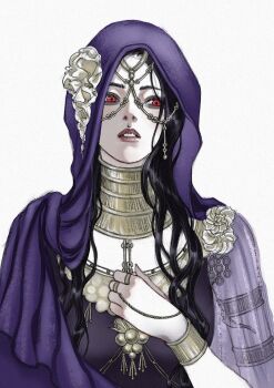 1girl armlet black_dress black_hair braid breasts chain commentary dancing dress elden_ring elden_ring_nightreign english_commentary fingernails hand_on_own_chest headdress highres hood jewelry looking_to_the_side multiple_rings nail_polish neck_ring official_alternate_costume parted_lips purple_dress purple_hood red_eyes ribbon ring see-through_clothes sidelocks sleeveless sleeveless_dress solo standing tsu_nu undertaker_(elden_ring) upper_body white_background