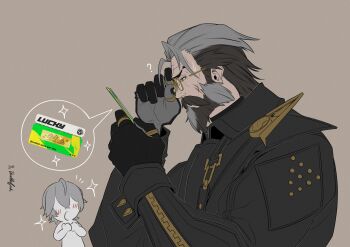 2boys ? adjusting_eyewear bara black_beard black_gloves black_hair black_jacket blush closed_mouth commentary doodlefish english_commentary facial_scar gloves grey_beard grey_hair hand_on_eyewear hands_on_own_chest highres holding jacket jewelry leather leather_jacket looking_at_another lottery_ticket male_focus mature_male multicolored_hair multiple_boys multiple_rings open_mouth pompey_(zenless_zone_zero) ring scar scar_on_cheek scar_on_face signature simple_background sparkle speech_bubble spoken_object sweatdrop wise_(zenless_zone_zero) zenless_zone_zero