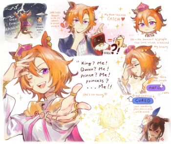 !? >_< 1boy 2girls ? admire_vega_(umamusume) anger_vein animal_ears broken_heart brown_hair closed_eyes closed_mouth commentary crown ear_covers english_commentary english_text heart highres hiru315 horse_ears horse_girl jewelry mini_crown multiple_girls multiple_rings multiple_views one_eye_closed open_mouth orange_hair purple_eyes rainbow_flag ring single_ear_cover sparkle t.m._opera_o_(umamusume) tears trainer_(umamusume) umamusume
