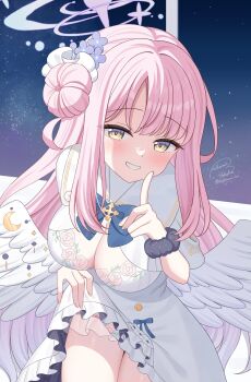 1girl blue_archive blush breasts cleavage clothes_lift commentary_request dress dress_lift feathered_wings fingernails grin hair_bun halo hand_up highres kurumi_lm large_breasts long_hair looking_at_viewer low_wings mika_(blue_archive) pink_hair pink_halo signature single_side_bun smile solo twitter_username very_long_hair white_dress white_wings wings yellow_eyes