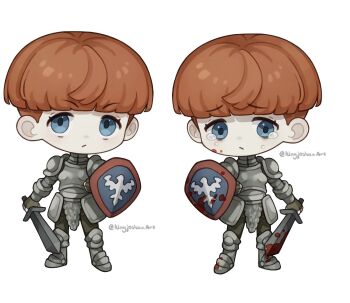 1girl armor blood blood_on_face bloody_weapon blue_eyes boobplate breastplate chibi chibi_only closed_mouth commentary d'arce_(fear_&amp;_hunger) english_commentary fear_&amp;_hunger_(series) fear_&amp;_hunger_1 fingerless_gloves gloves highres holding holding_shield holding_sword holding_weapon kingjoshua knight looking_at_viewer merchandise_available multiple_views orange_hair pauldrons shield short_hair shoulder_armor simple_background sword tearing_up weapon white_background