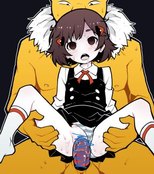 1boy 1girl absurdres akableak black_background black_dress blush brown_eyes brown_hair censored clothes_lift clothing_aside collared_shirt commentary dress dress_lift drooling eyelashes gen_1_pokemon hair_ornament hairclip has_uncensored_version hetero highres hypno interspecies lass_(pokemon) lass_(pokemon_hgss) loli mind_control neck_ribbon nintendo open_mouth outline panties panties_aside penis pokemon pokemon_(creature) pokemon_hgss pokephilia pussy ribbon saliva sex shirt short_hair simple_background socks spread_legs teeth tongue underwear upper_teeth_only vaginal white_shirt white_socks