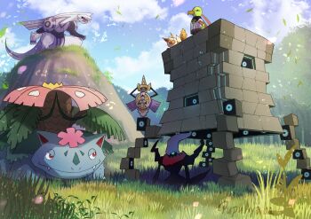 aegislash aqua_eyes blue_sky bright_pupils closed_mouth cloud commentary_request darkrai day fangs flareon floating flower gen_1_pokemon gen_2_pokemon gen_3_pokemon gen_4_pokemon gen_6_pokemon gen_7_pokemon grass highres holding holding_shield leaf legendary_pokemon mega_pokemon mega_venusaur mythical_pokemon nintendo no_humans nostrils outdoors palkia pink_flower plant pokemon pokemon_(creature) pokemon_focus pupu_ayaba red_eyes shield sky smile stakataka torchic ultra_beast venusaur vines white_pupils xatu