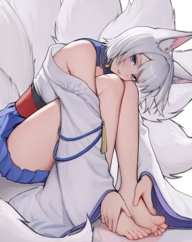 1girl absurdres animal_ear_fluff animal_ears armpit_crease azur_lane bare_legs barefoot blue_eyes blush commentary eyelashes feet fox_ears fox_girl fox_tail grey_hair highres japanese_clothes kaga_(azur_lane) knees_up legs legs_together long_legs looking_at_viewer medium_hair miniskirt multiple_tails obi off_shoulder parted_lips pleated_skirt quilm sash simple_background skirt solo tail tassel thighs toenails toes white_background wide_sleeves