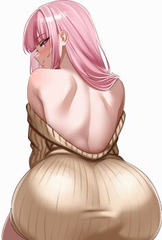 Rule 34 | 1girl, absurdres, ass, backless dress, backless outfit, bare shoulders, blunt bangs, closed mouth, dress, from behind, helldeer, highres, hololive, hololive english, long hair, long sleeves, looking at viewer, looking back, median furrow, mori calliope, off shoulder, pink eyes, pink hair, ribbed dress, short dress, shoulder blades, simple background, smile, solo, sweater, sweater dress, virtual youtuber