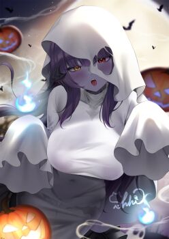 1girl au_ra bat_(animal) black_horns blush breasts colored_skin covered_navel dragon_girl dragon_horns final_fantasy final_fantasy_xiv full_moon ghost_costume heterochromia highres hitodama horns indie_virtual_youtuber jack-o&#039;-lantern large_breasts long_hair long_sleeves looking_at_viewer moon night open_mouth purple_hair purple_skin red_eyes ruri_moth_(vtuber) shhilee sleeves_past_fingers sleeves_past_wrists solo tongue virtual_youtuber warrior_of_light_(ff14) yellow_eyes