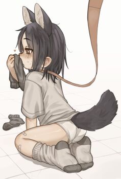 1girl @_@ absurdres animal_ears ass bandaid bandaid_on_leg black_hair blush brown_eyes commentary dog_ears dog_girl dog_tail english_commentary full_body funny_(syrupmelty) grey_shirt grey_socks heart highres holding holding_unworn_clothes leash loli no_shoes original panties seiza shirt short_sleeves simple_background sitting smelling smelling_clothes socks solo syrupmelty tail underwear unworn_socks viewer_holding_leash white_background white_panties
