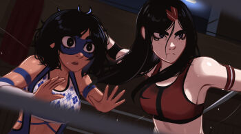 Rule 34 | 2girls, absurdres, annoyed, black eyes, black hair, blue eyes, body freckles, breasts, commentary, english commentary, eye mask, freckles, grabbing another's hair, hair ornament, hairclip, highres, holding another's hair, kadence (veyonis), long hair, mask, multiple girls, open mouth, original, sports bra, surprised, sweat, veyonis, wide-eyed, wrestling, wrestling outfit, wrestling ring, yuna (veyonis)