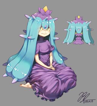 2019 2girls absurdres aqua_eyes aqua_hair aqua_nails barefoot blush colored_sclera colored_skin commentary_request dated dress eyes_visible_through_hair fangs frilled_dress frills gen_7_pokemon grey_background hair_between_eyes hands_on_lap highres horns humanization long_hair looking_at_viewer mareanie mixed-language_commentary multicolored_hair multiple_girls nintendo partial_commentary pokemon pokemon_(creature) puffy_short_sleeves puffy_sleeves purple_dress purple_hair purple_skin redshark7839 sanpaku short_sleeves simple_background single_horn sitting spiked_hair spikes tentacle_hair wariza yellow_sclera