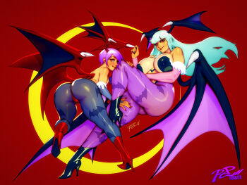2girls animal_print ass bare_shoulders bat_print bat_wings boots breasts bridal_gauntlets cleavage crescent_moon darkstalkers demon_girl demon_wings green_hair head_wings high_heel_boots high_heels highres huge_breasts large_breasts leotard lilith_(darkstalkers) long_hair looking_at_viewer low_wings moon morrigan_aensland multiple_girls nail_polish oversized_wings pantyhose print_pantyhose purple_hair purple_pantyhose red_background red_eyes red_leotard red_wings robaato rouge_the_bat shoes short_hair siblings sisters smile thick_thighs thighs wings