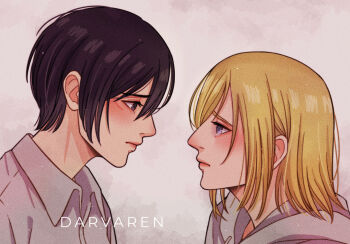 2girls annie_leonhart aquiline_nose black_hair blonde_hair blue_eyes collared_shirt darvaren facial_scar grey_eyes hair_between_eyes hood hood_down hoodie light_blush looking_at_another medium_hair mikasa_ackerman multiple_girls nose scar scar_on_cheek scar_on_face shingeki_no_kyojin shirt short_hair tears white_hoodie white_shirt yuri