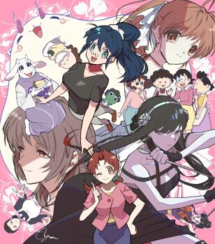 6+girls ;) black_dress breasts brown_hair character_request chi-chi_(dragon_ball) clannad cleavage closed_mouth commentary_request copyright_request crayon_shin-chan crossover delia_ketchum doraemon dragon_ball dragonball_z dress fuguta_sazae furukawa_sanae glasses hand_on_own_hip highres hinata_aki holding holding_weapon index_finger_raised keroro's_mother keroro_gunsou looking_at_viewer multiple_crossover multiple_girls nintendo nobi_tamako nohara_misae ohyou_wake one_eye_closed open_mouth pince-nez pokemon pokemon_(anime) sazae-san signature smile spy_x_family toriel trait_connection undertale utdr_(toby_fox) weapon yor_briar