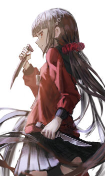 Rule 34 | 1girl, :t, absurdres, black skirt, blunt bangs, brown hair, closed mouth, cokei, commentary request, cowboy shot, danganronpa (series), danganronpa v3: killing harmony, dual wielding, fortissimo, from behind, hair ornament, hair scrunchie, harukawa maki, highres, holding, holding knife, knife, long hair, long sleeves, low twintails, miniskirt, musical note, musical note hair ornament, plaid clothes, plaid skirt, pleated skirt, profile, red eyes, red scrunchie, red shirt, red thighhighs, school uniform, scrunchie, shirt, sideways glance, simple background, skirt, solo, standing, thighhighs, twintails, very long hair, white background