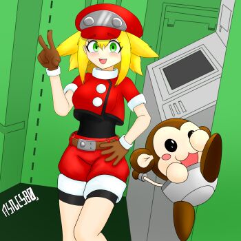 1girl :3 animal asnesbo belt bike_shorts bike_shorts_under_shorts black_shirt blonde_hair blush breasts brown_belt brown_gloves capcom computer data_(mega_man) gloves green_eyes hand_on_own_hip hat highres jacket looking_at_viewer medium_breasts mega_man_(series) mega_man_legends_(series) monkey non-humanoid_robot open_mouth red_hat red_jacket red_shorts robot robot_animal roll_caskett_(mega_man) shirt short_hair short_sleeves shorts smile standing teeth v