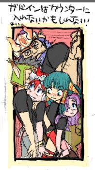 Rule 34 | blue eyes, blush, closed mouth, commentary request, feena (grandia), freckles, gadwin (grandia), grandia, grandia i, green hair, hair ornament, hair over one eye, hair tubes, hontani toshiaki, justin (grandia), long hair, multiple boys, multiple girls, official artist extra, pointy ears, purple hair, rapp (grandia), red hair, skirt, smile, sue (grandia), thighhighs