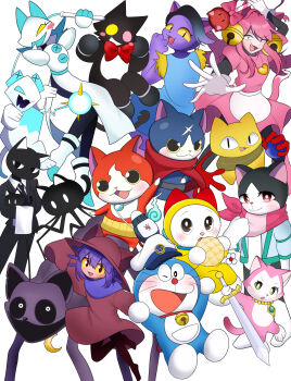 1other 4boys 5girls absurdres amatomato_0141 animal_ear_piercing animal_ears arm_up artist_name bell black_eyes black_hair black_necktie black_pants black_suit blue_hair blush_stickers bow bowtie bread butler_(omori) cat cat_ears cat_girl cat_mike_(deltarune) catnap_(poppy_playtime) catty_(undertale) character_counter_request character_request collared_shirt colored_sclera commentary_request copyright_request crossover deltarune doraemon doraemon_(character) dorami double-parted_bangs experiment_667_(omori) fang fangs five_nights_at_freddy's food formal_clothes fuyunyan gloves green_eyes hair_bell hair_between_eyes hair_ornament highres holding holding_food holding_sword holding_weapon holding_whip jibanyan long_sleeves looking_at_another looking_at_viewer mad_mew_mew mangetsu_miyoko mangetsu_miyoko_(cat) melon_bread mewo multiple_boys multiple_crossover multiple_girls necktie niko_(oneshot) omori one_eye_closed oneshot_(game) open_mouth pants pink_hair poppy_playtime red_bow red_bowtie red_eyes shadowguy_(deltarune) shirt short_hair short_sleeves simple_background single_blush_sticker sleeveless sleeves_past_fingers sleeves_past_wrists smile species_connection spider_cat_(omori) suit sword tasque_(deltarune) tasque_manager tongue twitter_username undertale utdr_(toby_fox) weapon whip white_background white_gloves white_shirt yellow_sclera youkai_watch