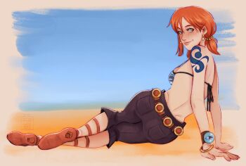 1girl arm_support bangle bare_shoulders belt bikini bikini_top_only blush bracelet breasts brown_pants camouflage camouflage_bikini closed_mouth commentary earrings english_commentary from_behind full_body halterneck high_heel_sandals highres jewelry kikichibee log_pose looking_at_viewer looking_back low_twintails medium_breasts nami_(one_piece) official_alternate_costume one_piece orange_hair pants sandals short_hair shoulder_tattoo sitting smile solo swimsuit tattoo twintails yokozuwari